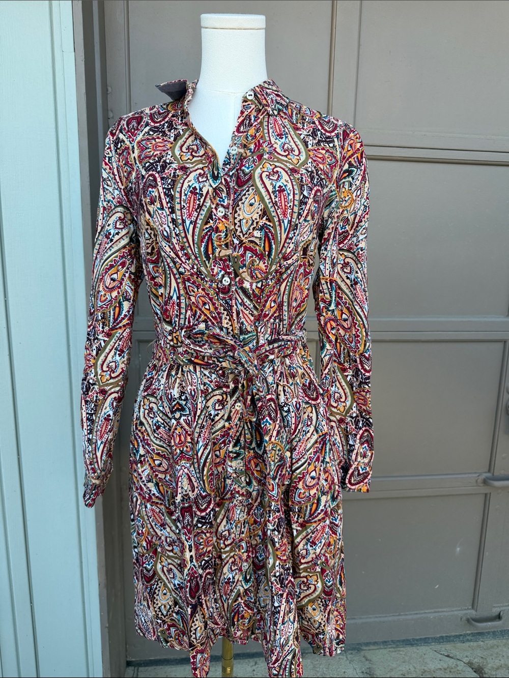 Vintage Tommy Hilfiger Multi-Color Paisley Long-Sleeve Belted Shirt Dress